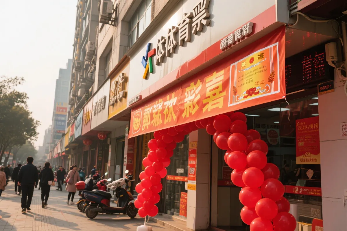 体彩门店张贴大奖喜报与公益海报的城市街景